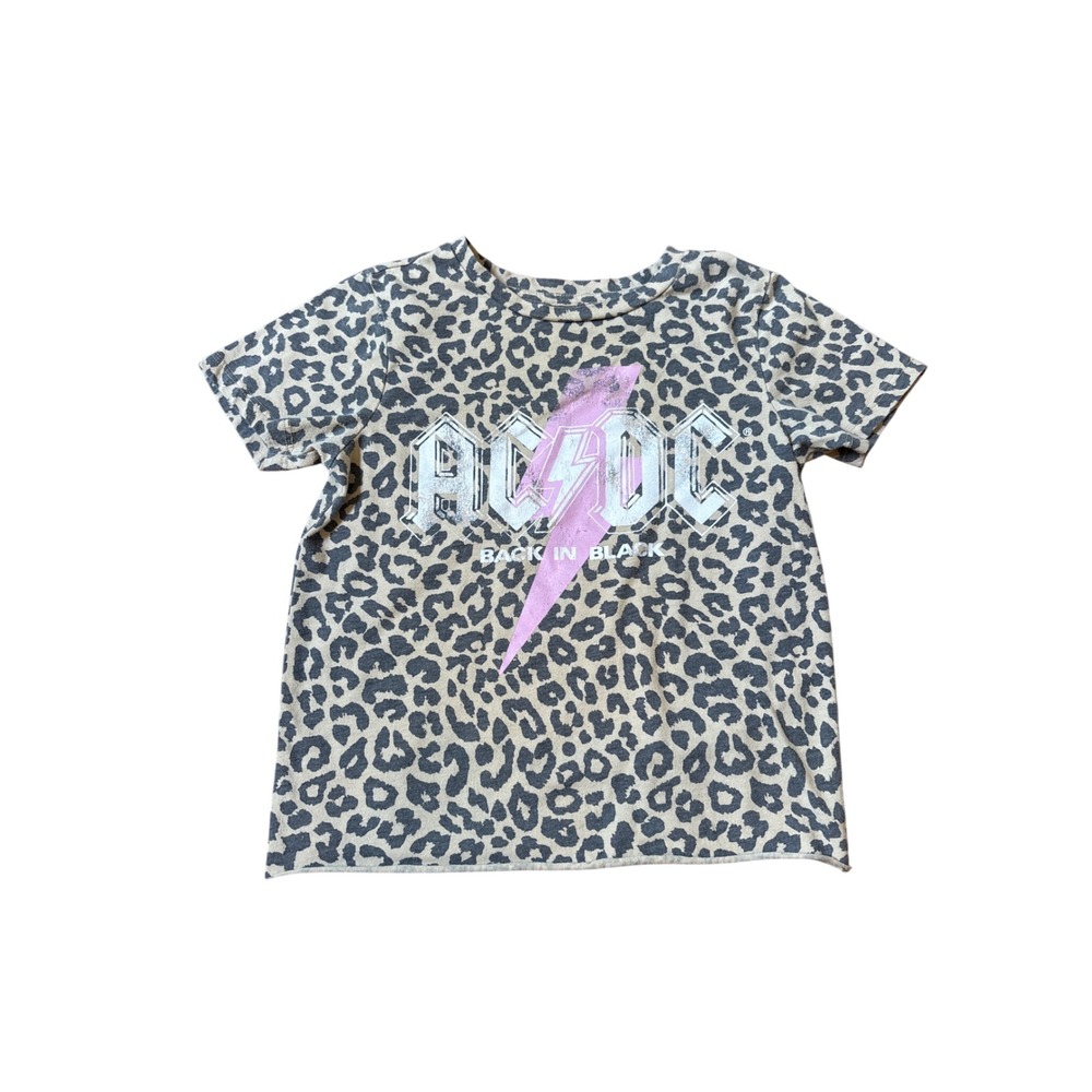 AC/DC Graphic T-Shirt Kids‎ Tan Leopard Print Rock Band Tee SIZE M 7/8